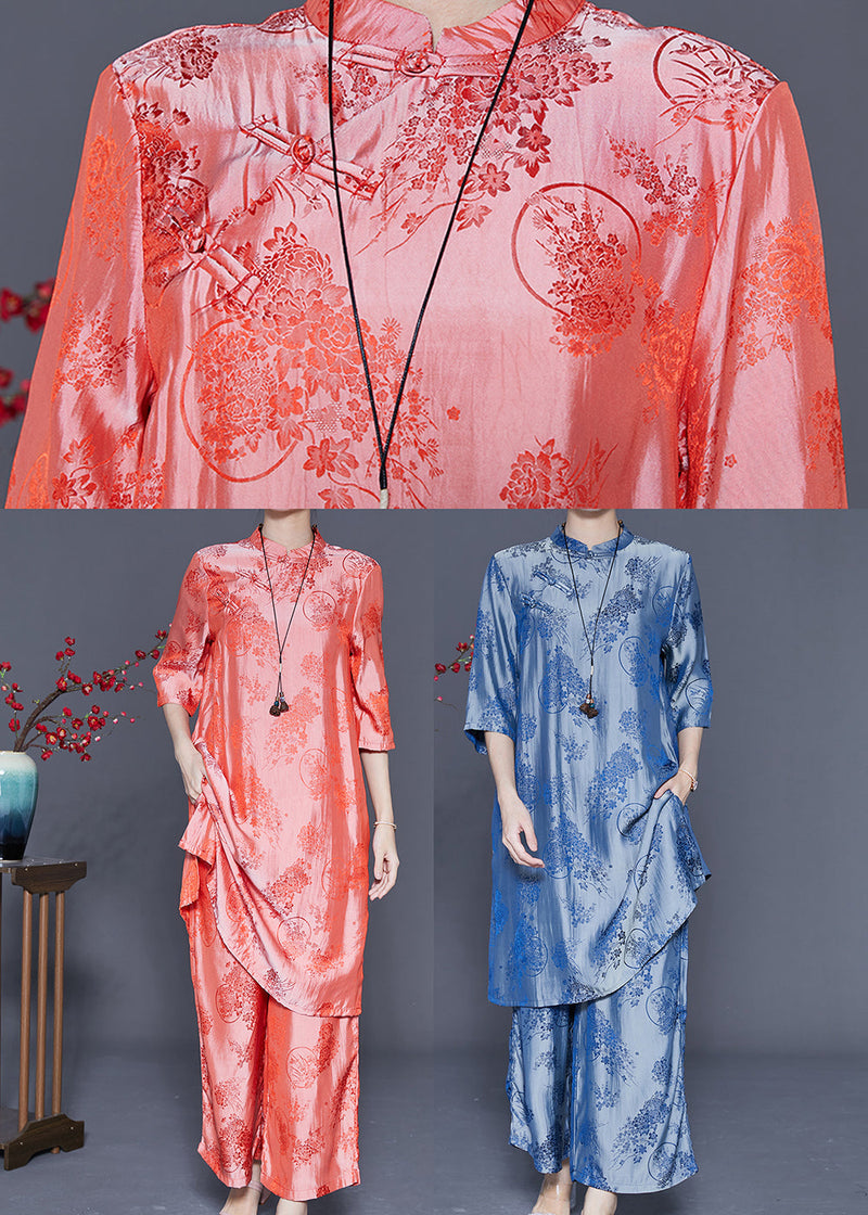 Retro Pink Jacquard Silk Dress and Pant Two Piece Suit Set Summer