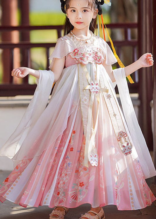 Retro Pink Print Wrinkled Patchwork Chiffon Kids Long Dresses Summer