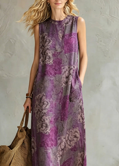Retro Purple Pockets Patchwork Maxi Dress Summer