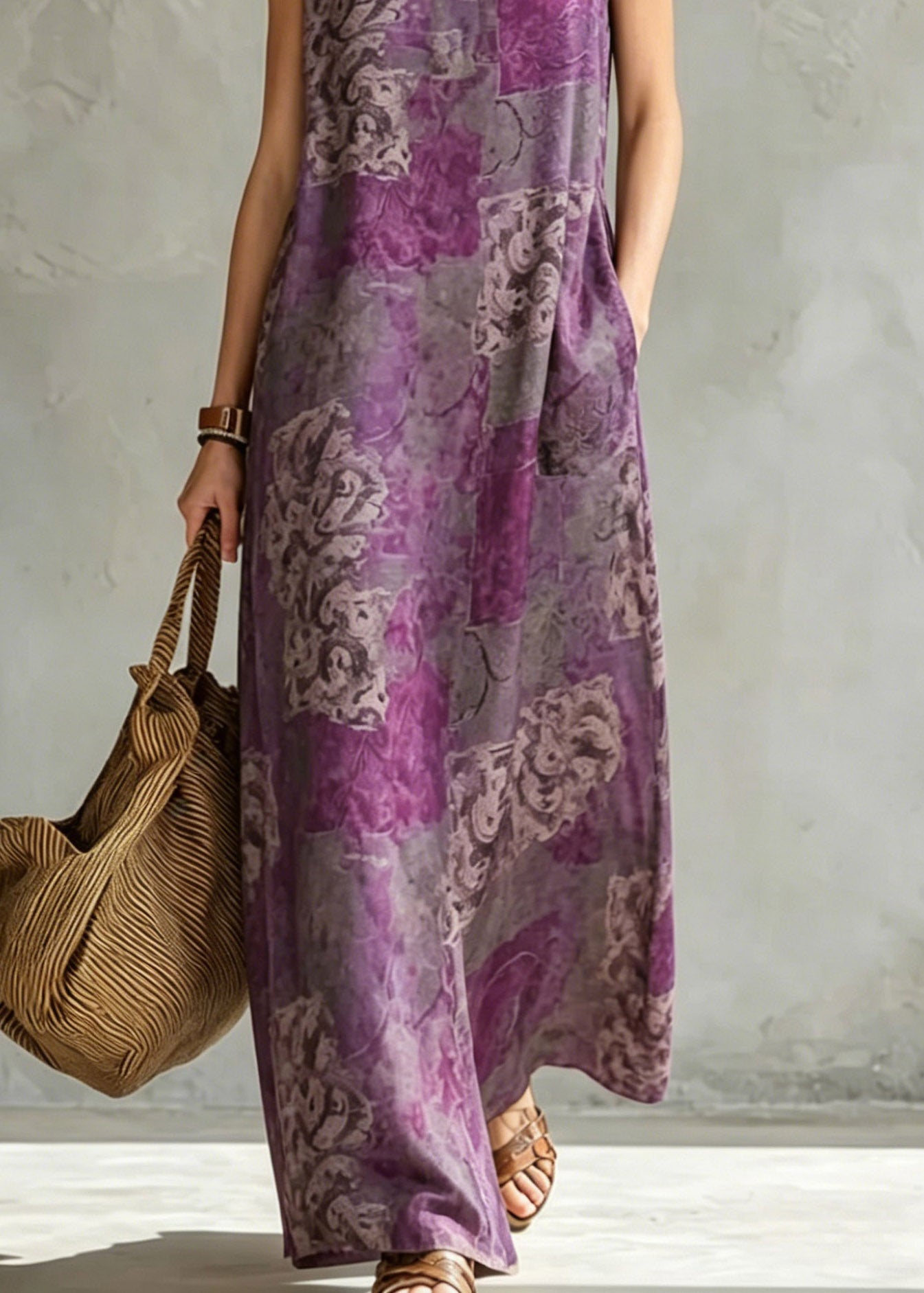 Retro Purple Pockets Patchwork Maxi Dress Summer