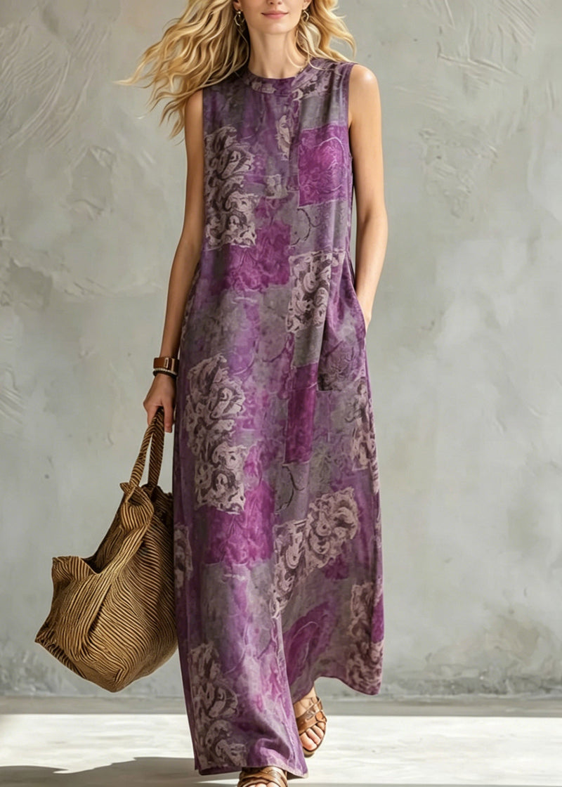 Retro Purple Pockets Patchwork Maxi Dress Summer