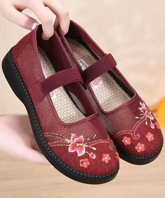 Retro Red Embroidered Tulle Fabric Flat Shoes Lace Up Flat Shoes for