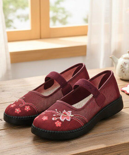Retro Red Embroidered Tulle Fabric Flat Shoes Lace Up Flat Shoes for