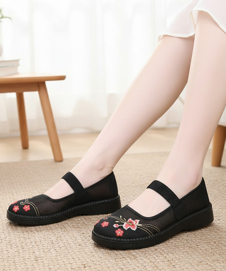 Retro Red Embroidered Tulle Fabric Flat Shoes Lace Up Flat Shoes for