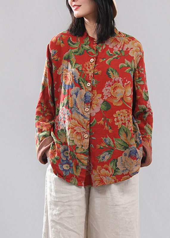 Retro Red O-neck Print Button Cotton Shirts Long Sleeve