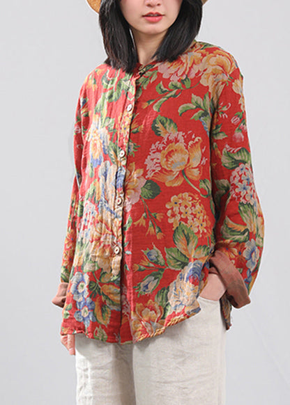 Retro Red O-neck Print Button Cotton Shirts Long Sleeve