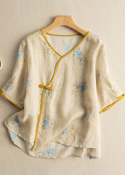 Retro Yellow V Neck Print Cotton T Shirts Top Summer