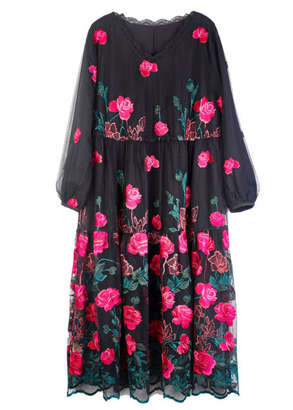 Rose Tulle Maxi Dress O-neck Embroideried Long Sleeve