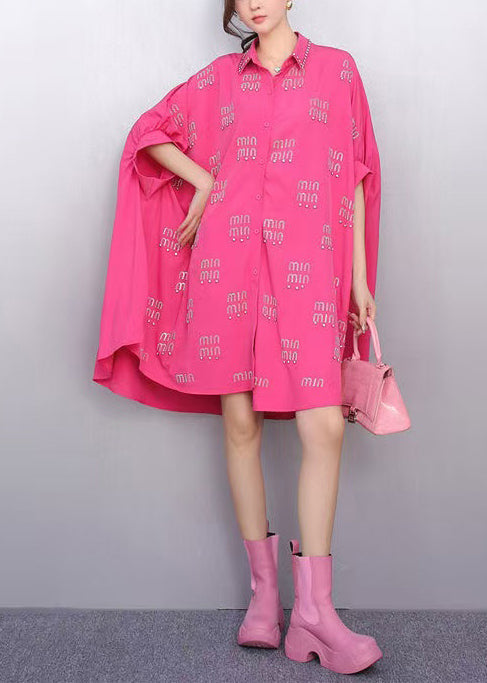 Rose Letter Zircon Shirt Dress Oversized Batwing Sleeve