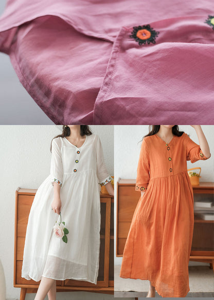 Rose Linen Long Dress and Spaghetti Strap Dress Two Pieces Set Embroideried Short Sleeve