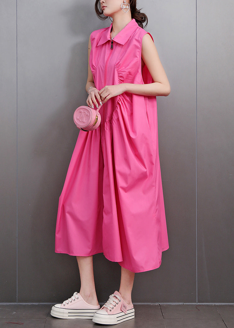 Rose Loose Cotton Party Dress Zip Up Wrinkled Sleeveless