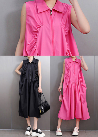 Rose Loose Cotton Party Dress Zip Up Wrinkled Sleeveless