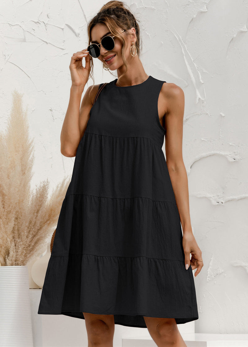 Round Neck Sleeveless Patchwork Cotton a Line Dress Summer