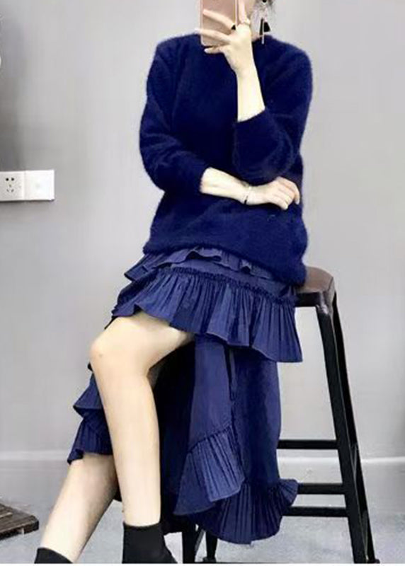 Royal Blue Cotton Knit Sweaters and Long Dress Two Pieces Set Lantern Sleeve