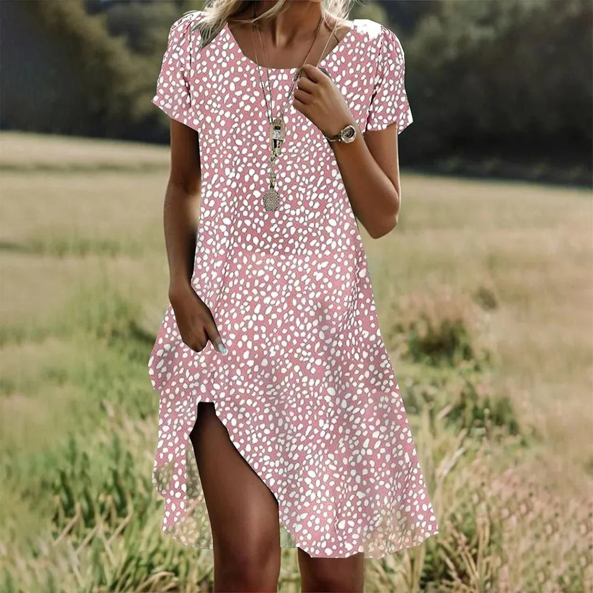 KS | Summer Bohemian Dresses for Women V-Neck Short Sleeve Flower Printed Beach Vacation Dress Women Maxi Dresses Boho
