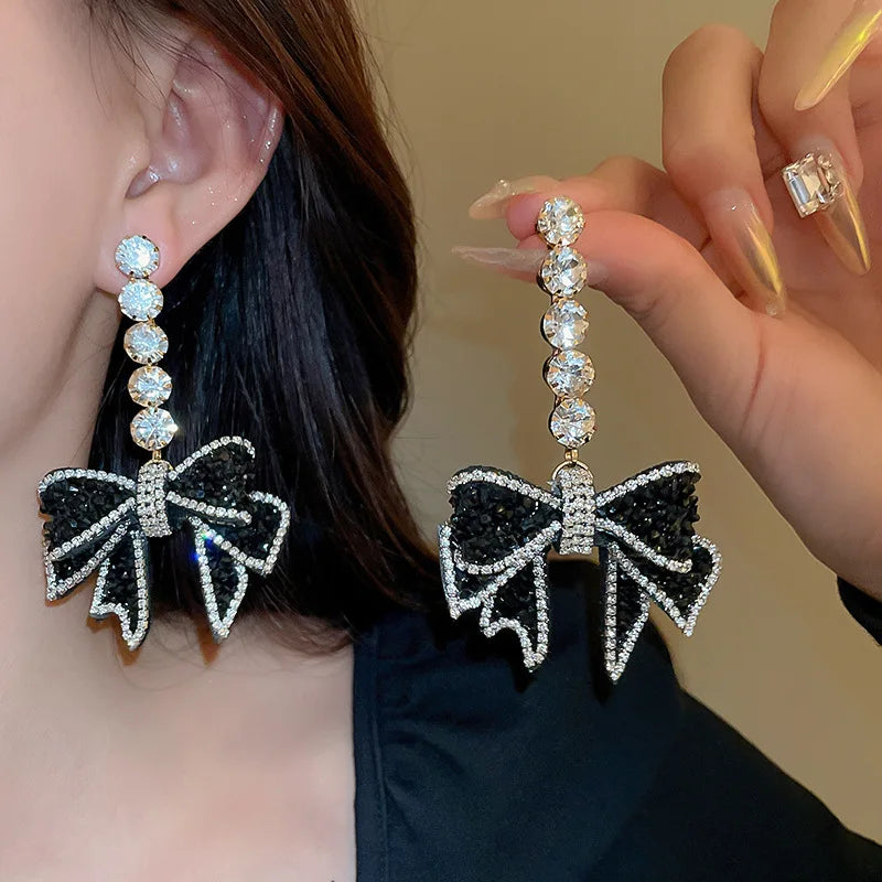 Black Bow Zirconia Dangle Earrings