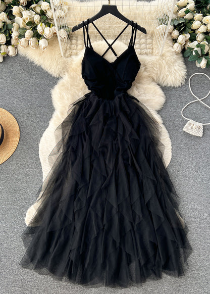 Apricot Cinched Patchwork Tulle Spaghetti Strap Dress Sleeveless