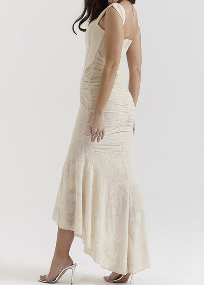 Apricot Square Collar Wrinkled Cotton Summer Fish Tail Dress