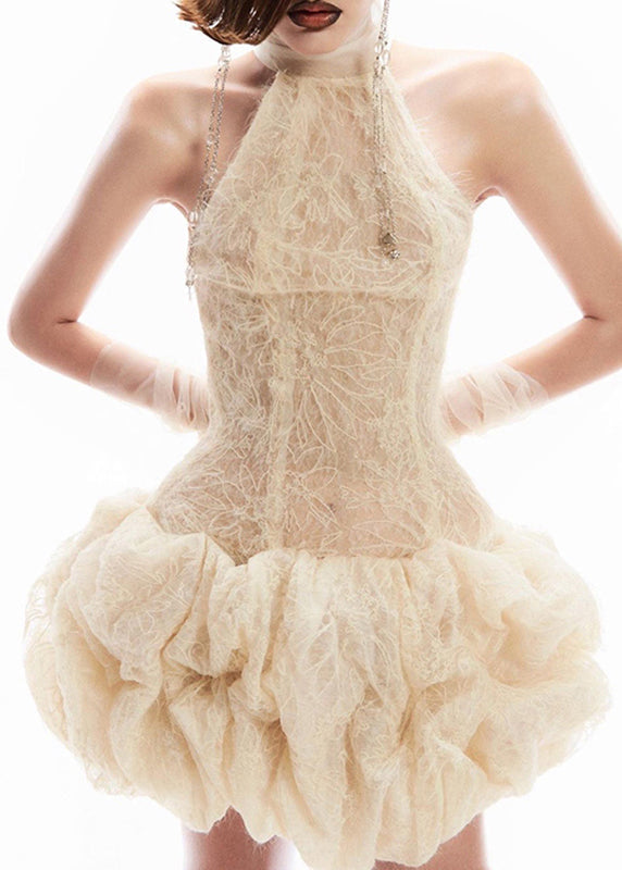 Apricot Turtleneck Patchwork Lace Mid Dress Sleeveless
