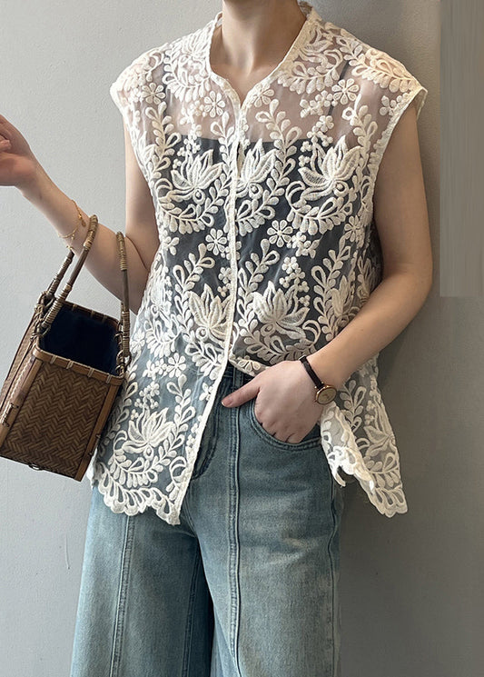 Beige V Neck Embroidered Hollow Out Shirts Summer