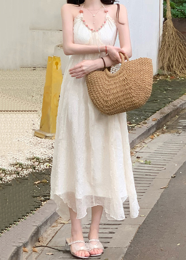 Beige V Neck Lace Up Patchwork Chiffon Dress Sleeveless