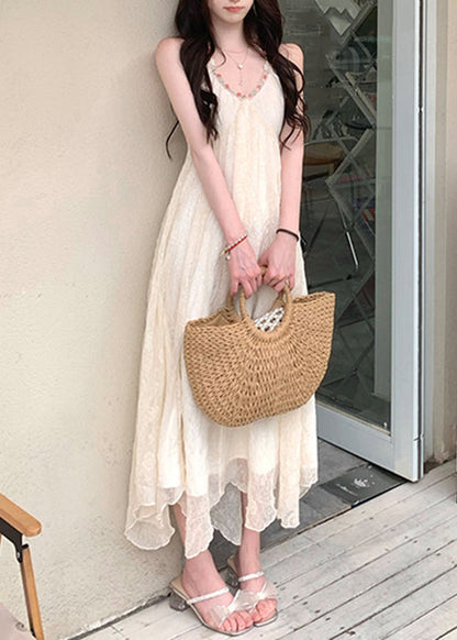 Beige V Neck Lace Up Patchwork Chiffon Dress Sleeveless