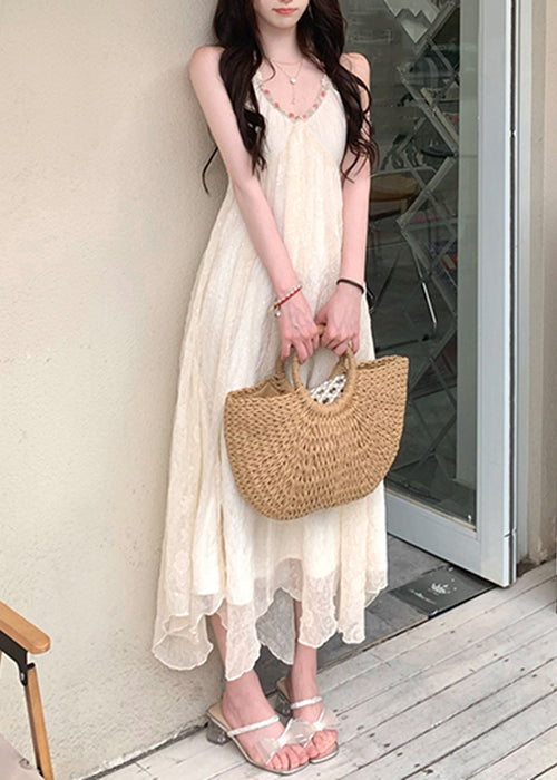 Beige V Neck Lace Up Patchwork Chiffon Dress Sleeveless