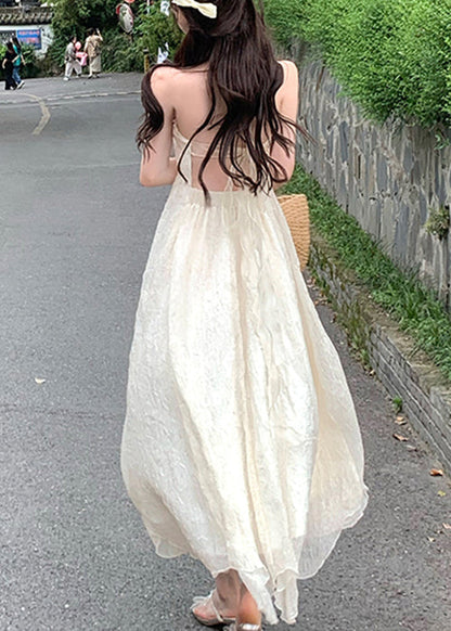 Beige V Neck Lace Up Patchwork Chiffon Dress Sleeveless