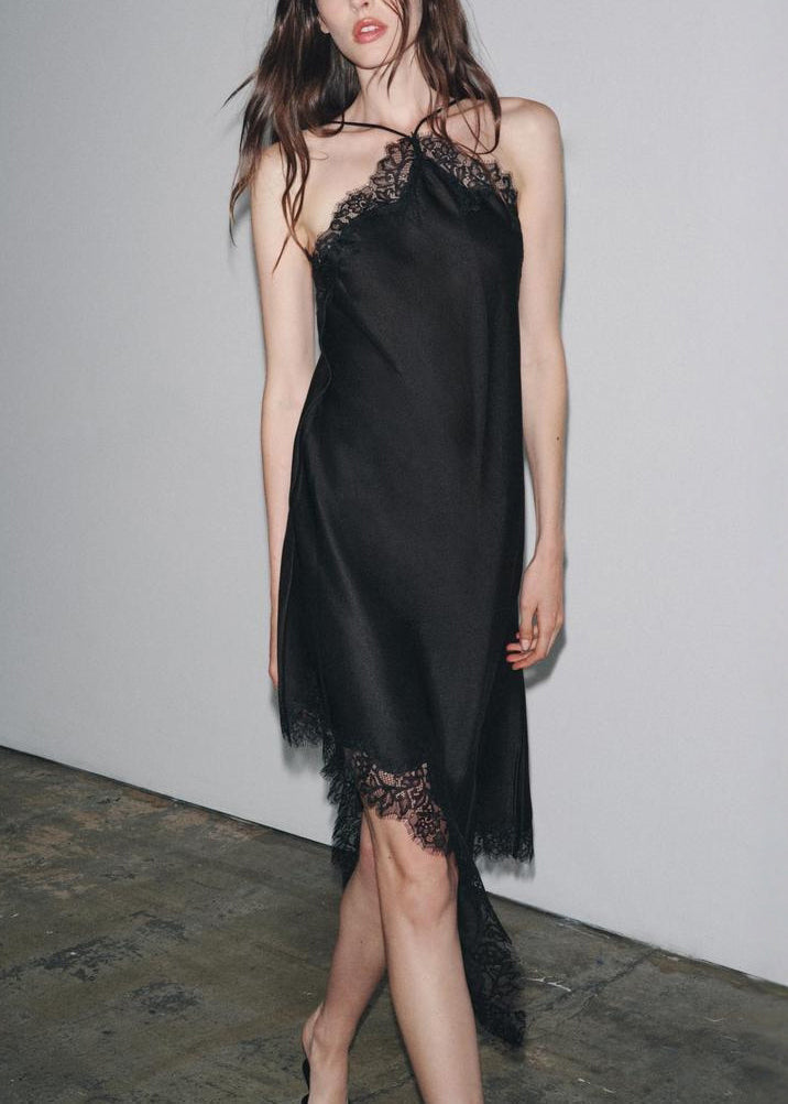 Black Asymmetrical Lace Patchwork Silk Dresses Sleeveless