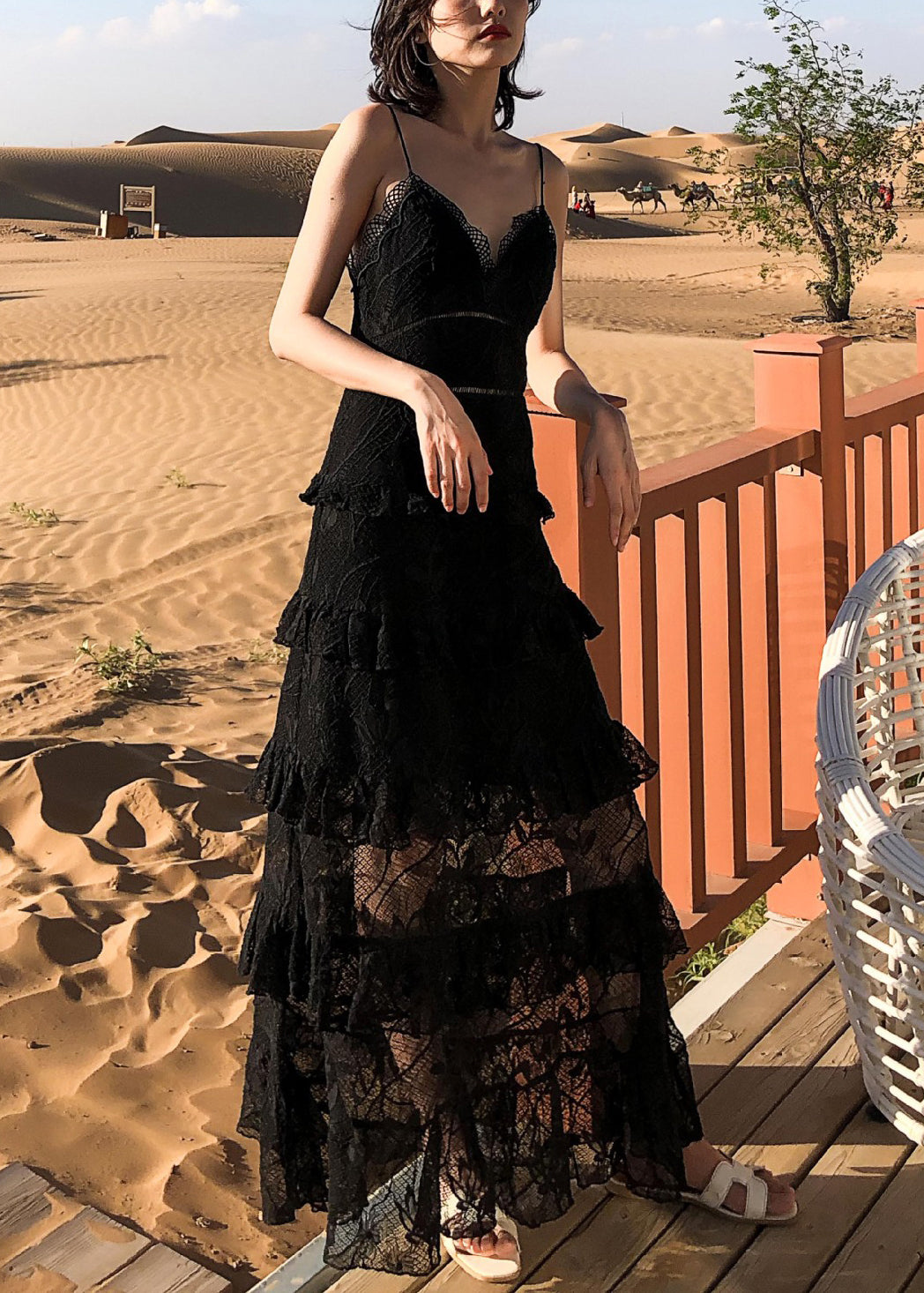 Black Backless High Waist Lace Spaghetti Strap Dress Sleeveless