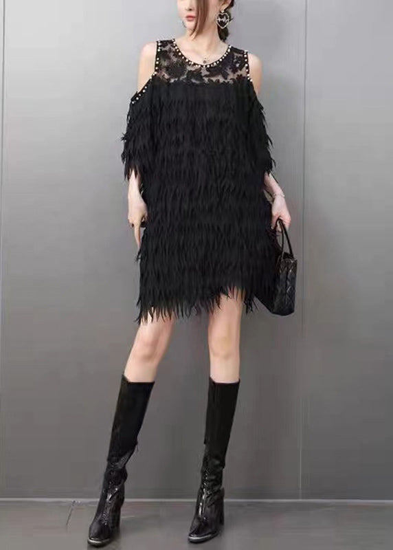 Black Cold Shoulder Nail Bead Tassel Mid Dresses Short Sleeve