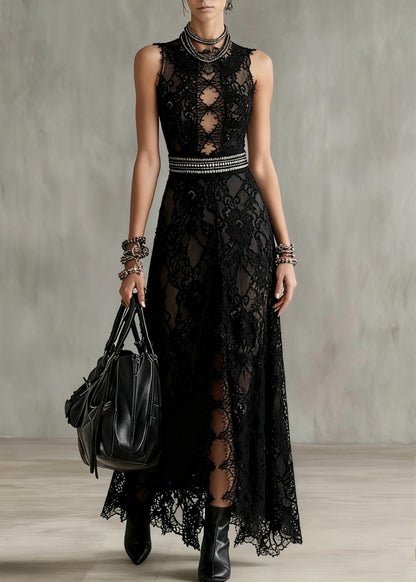 Black Hollow Out Side Open Lace Long Dresses Sleeveless