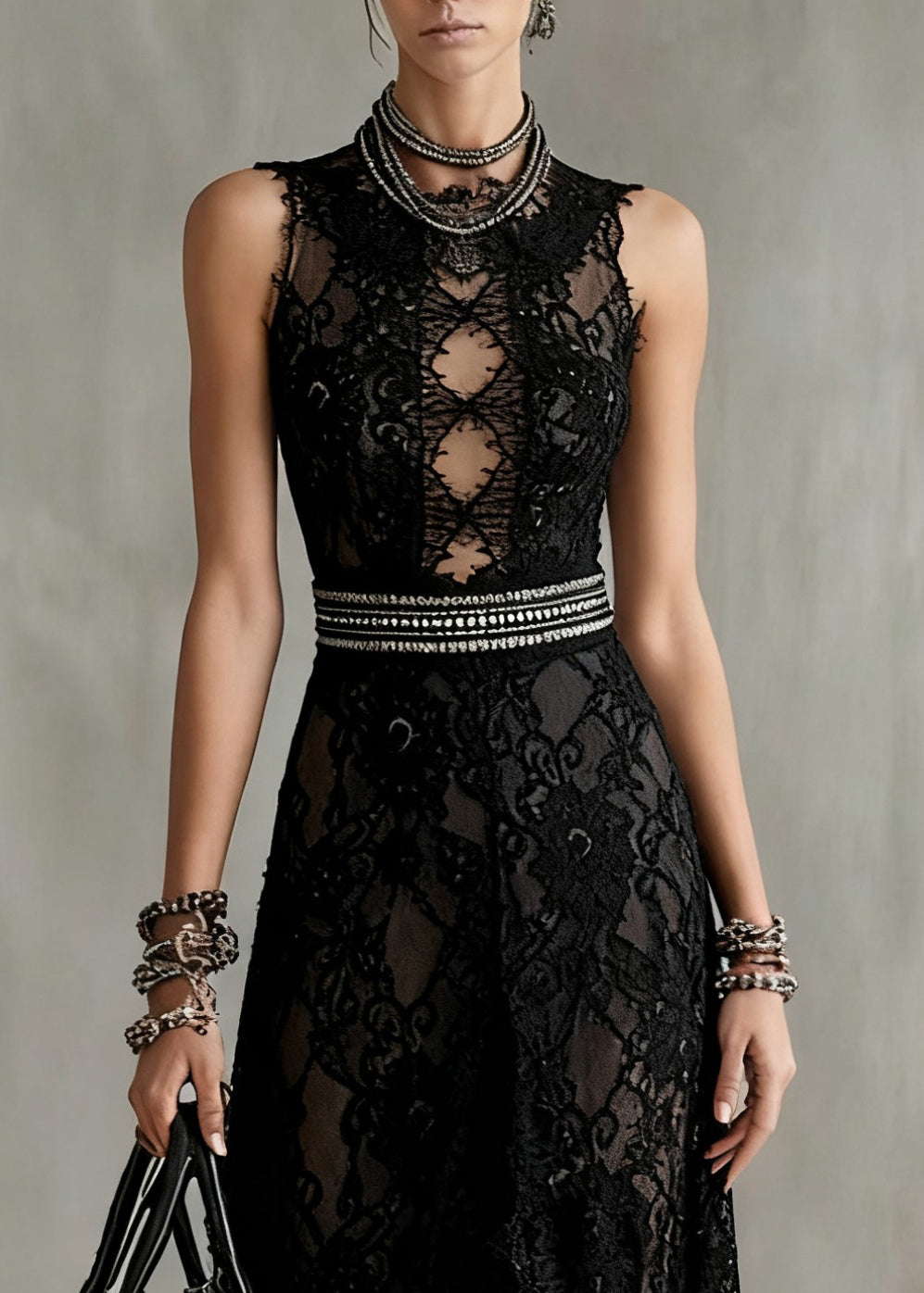 Black Hollow Out Side Open Lace Long Dresses Sleeveless
