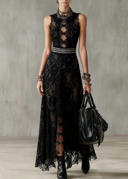 Black Hollow Out Side Open Lace Long Dresses Sleeveless