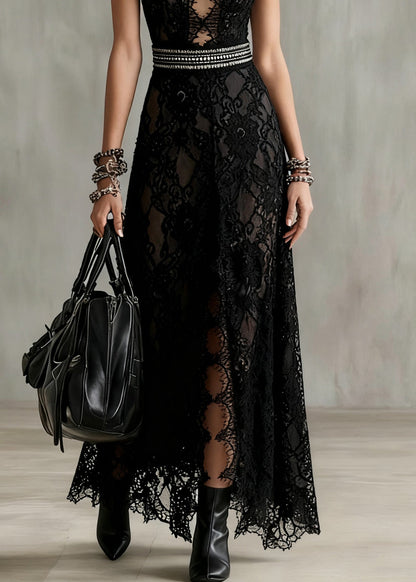 Black Hollow Out Side Open Lace Long Dresses Sleeveless