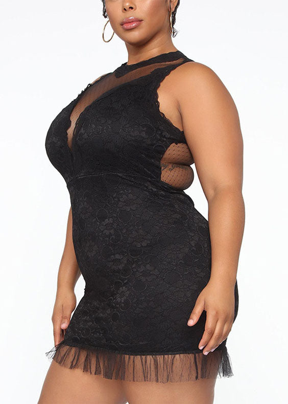 Black O-neck Bustier Top Lace Patchwork Mid Dress Summer