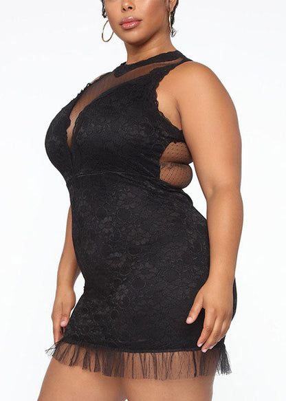 Black O-neck Bustier Top Lace Patchwork Mid Dress Summer