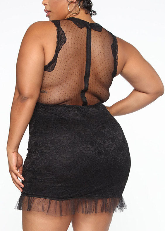 Black O-neck Bustier Top Lace Patchwork Mid Dress Summer