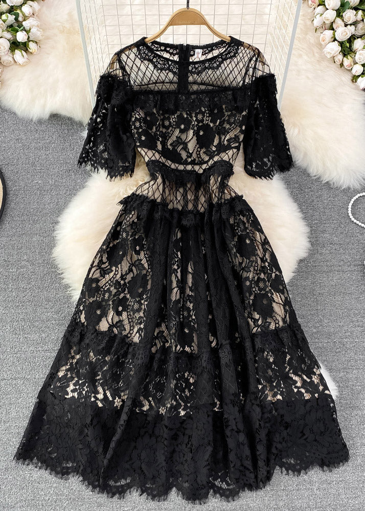 Black O-neck Hollow Out Tunic Lace Long Dress Short Sleeve