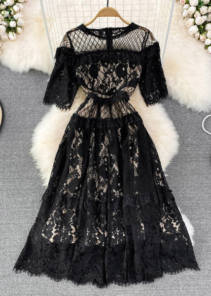 Black O-neck Hollow Out Tunic Lace Long Dress Short Sleeve