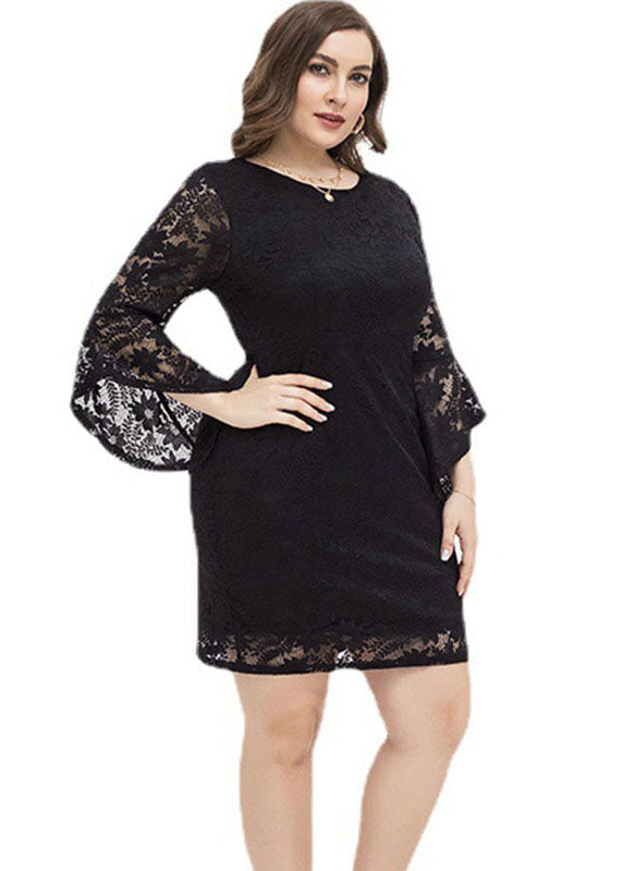 Black O-neck Lace Mid Dresses Fall