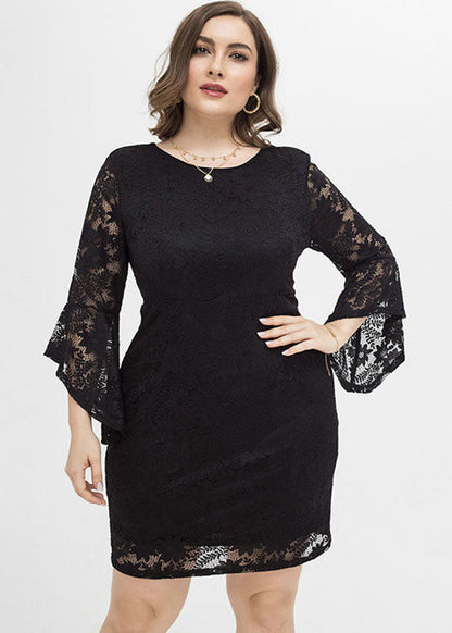 Black O-neck Lace Mid Dresses Fall