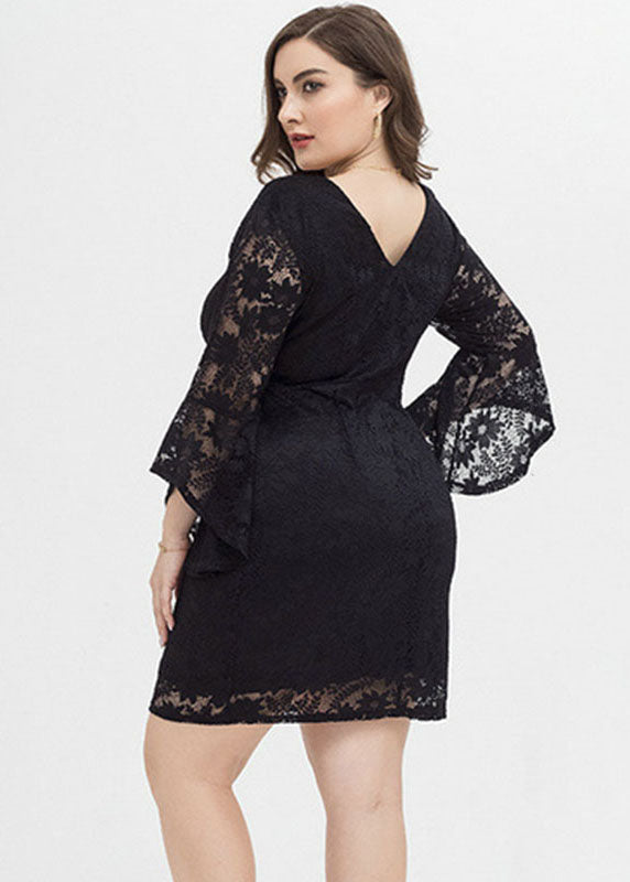 Black O-neck Lace Mid Dresses Fall