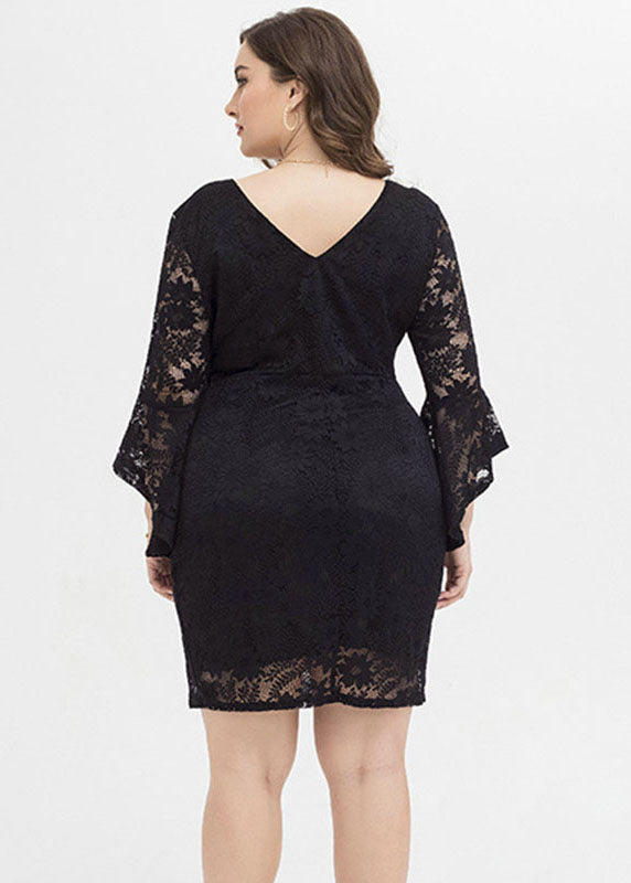 Black O-neck Lace Mid Dresses Fall