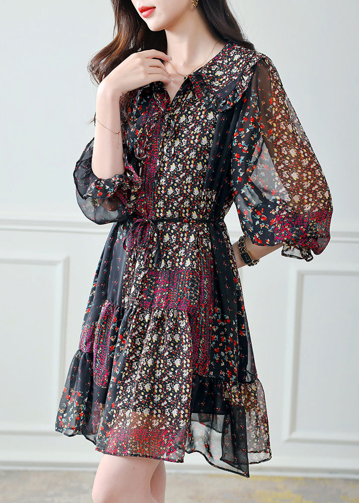 Black Peter Pan Collar Print Tie Waist Chiffon Mid Dress Half Sleeve