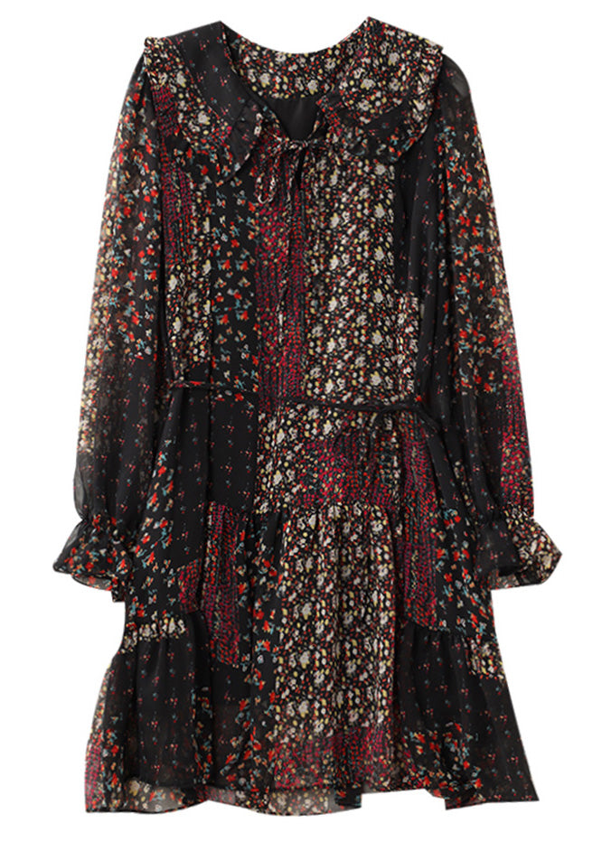 Black Peter Pan Collar Print Tie Waist Chiffon Mid Dress Half Sleeve