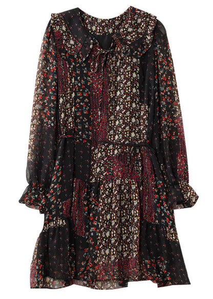 Black Peter Pan Collar Print Tie Waist Chiffon Mid Dress Half Sleeve