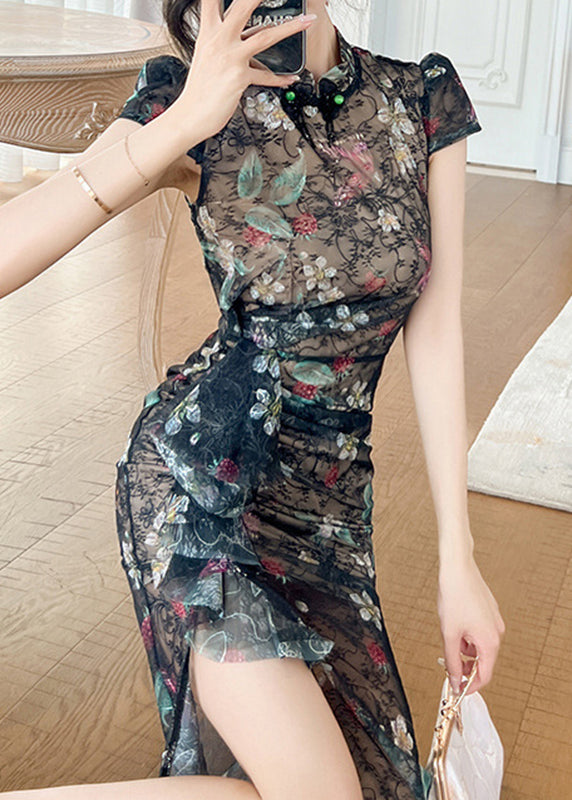 Black Stand Collar Print Ruffled Patchwork Lace Maxi Dresses Short Sleeve