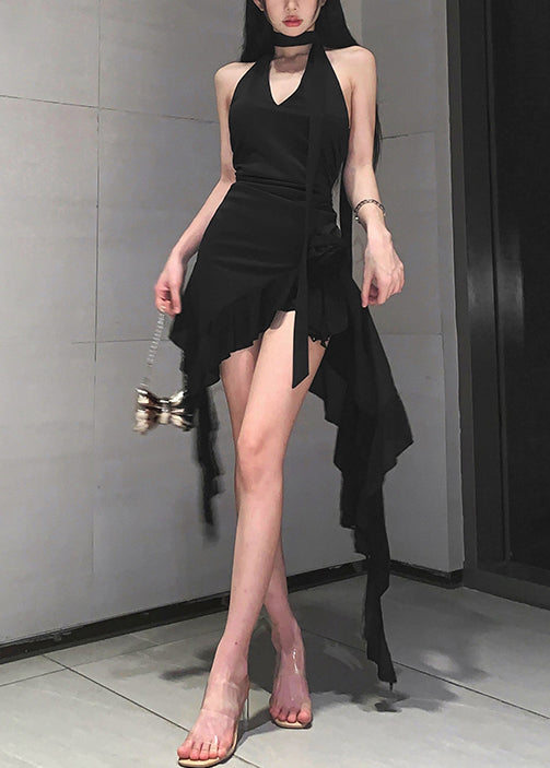 Black V Neck Lace Up Cotton Mid Dress Sleeveless