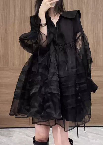 Black V Neck Tulle Mid Dresses Long Sleeve